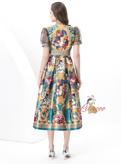 Palace V-neck Mesh Bubble Sleeve Printed Dress