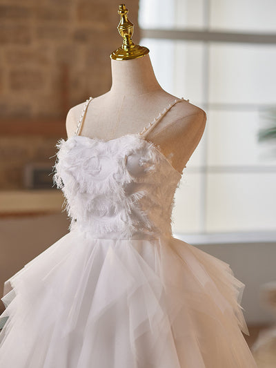 White Tulle Spaghetti Straps Pearls Dress