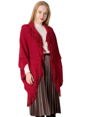 Cardigan Fringed Red Sweater Bat Sleeve Shawl Coat