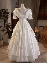 Satin Lace Short Sleeve Bow Wedding Dress
