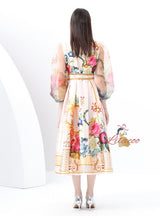 V-neck Lantern Sleeve Long Retro Print Dress
