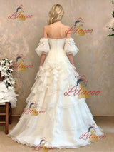 White Tulle Strapless Puff Sleeve Flower Wedding Dress