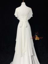 White Chiffon Appliques Pearls Wedding Dress