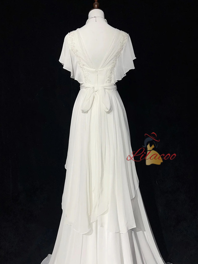 White Chiffon Appliques Pearls Wedding Dress