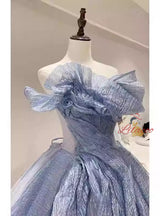 Blue Tulle Strapless Pleats Prom Dress