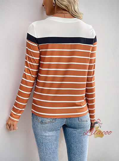 Casual Round Neck Striped Long-sleeved Shirt