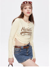 Drawstring Tie Round Neck Letter Long Sleeve T-shirt