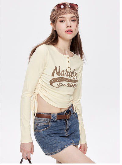 Drawstring Tie Round Neck Letter Long Sleeve T-shirt