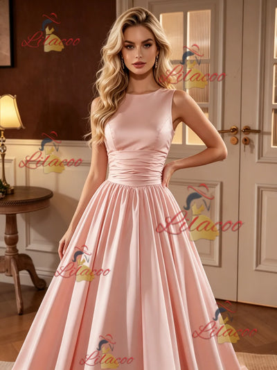 Pink Satin Scoop Neck Wedding Dress