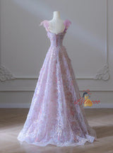 Pink Tulle 3D Flower Straps Prom Dress