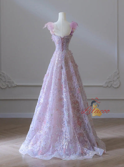Pink Tulle 3D Flower Straps Prom Dress