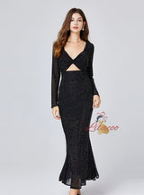 Long Sleeve Sequined Rhinestone Dress