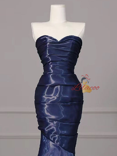 Navy Blue Mermaid Sweetheart Pleats Prom Dress