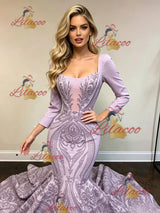 Purple Mermaid Sequins Long Sleeve Prom Dress