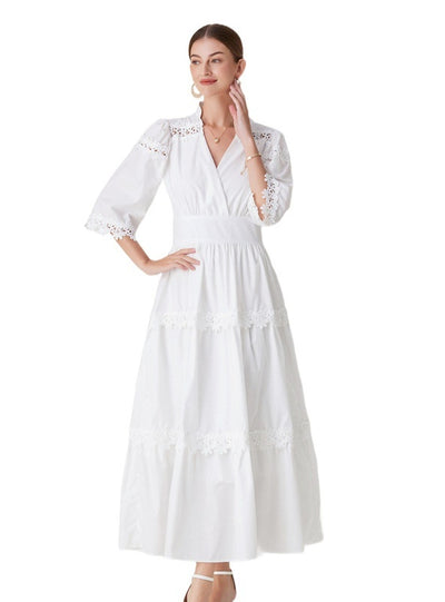 Palace Retro V-neck Lace Stitching Dress