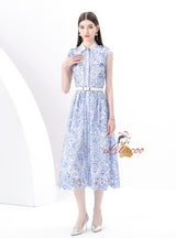 Retro Silm Waist Lapel Print Long Dress