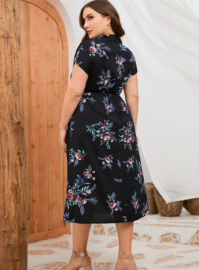 Shirt Collar Print Short Sleeve Slit Dress