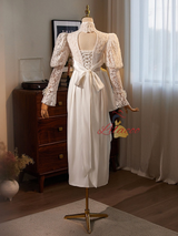 White Lace Satin Long Sleeve Wedding Dress