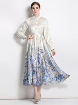 Long Sleeve Satin Vintage Printed Dress