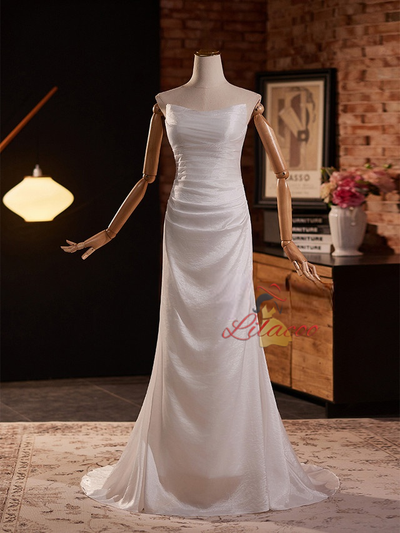 White Mermaid Strapless Pleats Wedding Dress