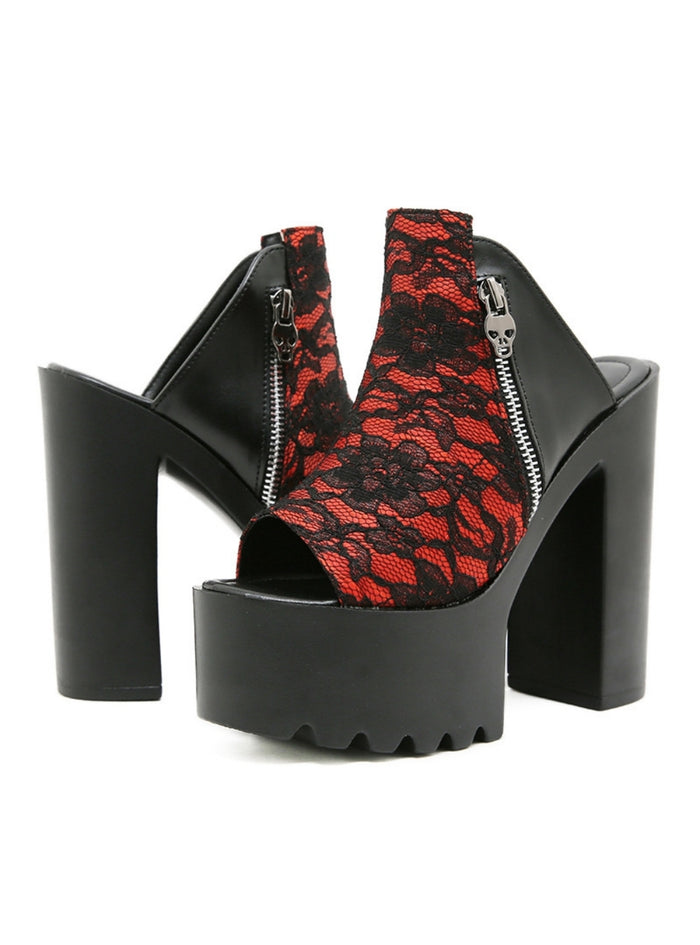 Lace Thick Soled Thick Heel Zipper Sandals