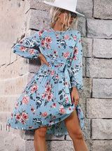 Long Sleeve Blue Pleated Floral Dress