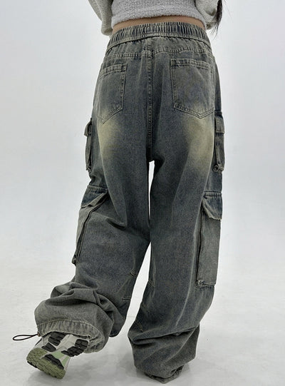 Elastic Waist Drawstring Straight Loose Jeans