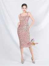 Sheath Sequins Straps Tea Length Prom Dress