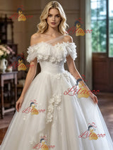 White Tulle One Shoulder Appliques Weding Dress