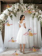 White Lace Puff Sleeve Square Neck Wedding Dress