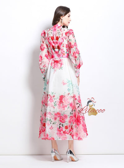 Fashion Printed Silm Waist Lantern Sleeve Dress