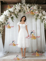 White Lace Puff Sleeve Square Neck Wedding Dress