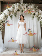 White Lace Puff Sleeve Square Neck Wedding Dress