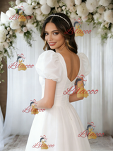 White Square Neck Puff Sleeve Wedding Dress
