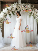 White Square Neck Puff Sleeve Wedding Dress
