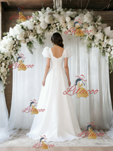 White Square Neck Puff Sleeve Wedding Dress