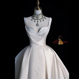 White Satin Straps Pleats Backless Wedding Dress