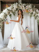 White Satin Straps Sleeveless Wedding Dress