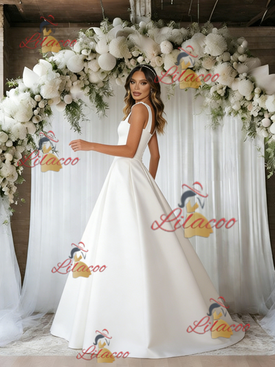 White Satin Straps Sleeveless Wedding Dress