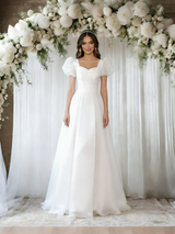 White Square Neck Puff Sleeve Wedding Dress
