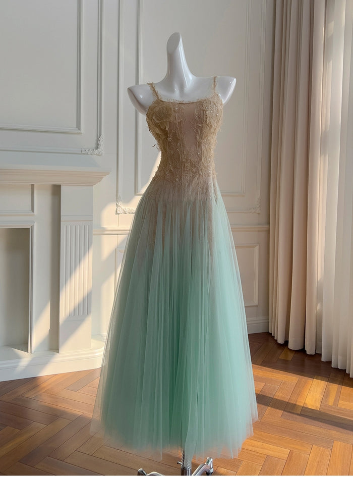 Green Tulle Lace Straps Prom Dress