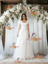 White Square Neck Puff Sleeve Wedding Dress