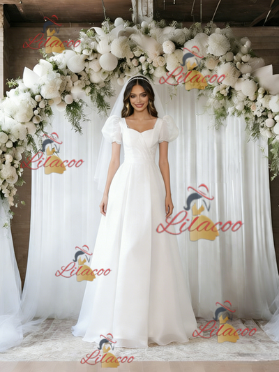White Square Neck Puff Sleeve Wedding Dress