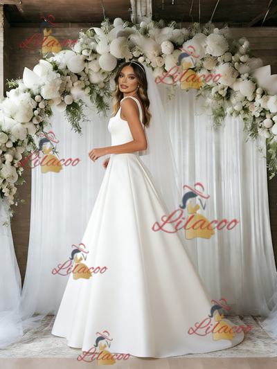 White Satin Straps Sleeveless Wedding Dress