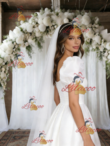 White Square Neck Puff Sleeve Wedding Dress