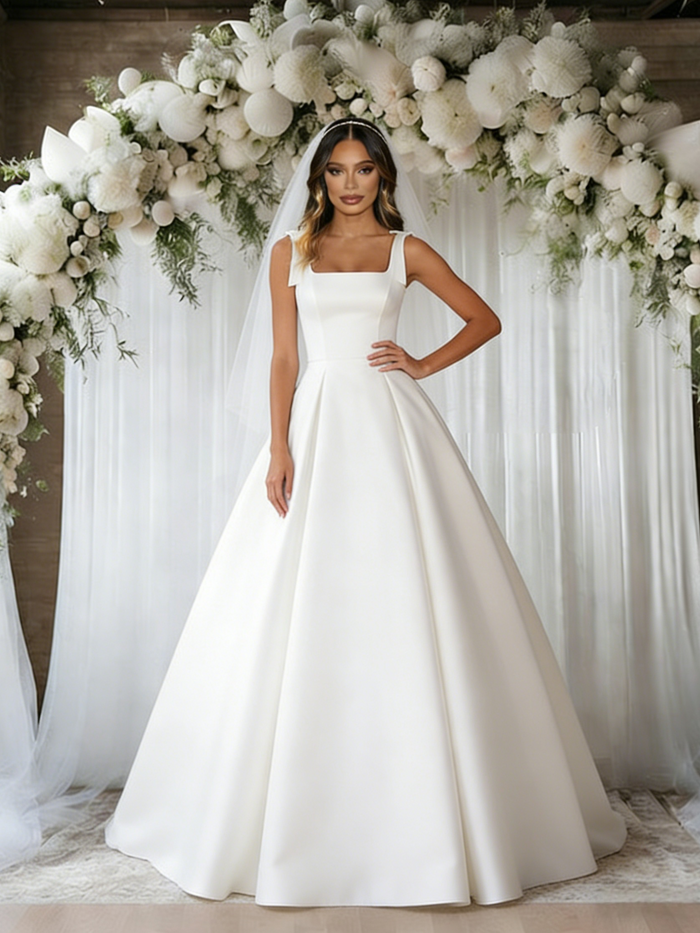 White Satin Straps Sleeveless Wedding Dress