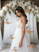 White Tulle Lace Spaghetti Straps Wedding Dress
