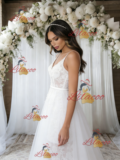 White Tulle Lace Spaghetti Straps Wedding Dress