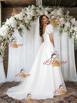 White Square Neck Puff Sleeve Wedding Dress