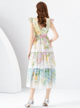 V-neck Printed Long Cake Dress